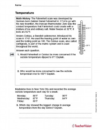 Temperature (Fahrenheit and Celsius) Printable for Grade 5