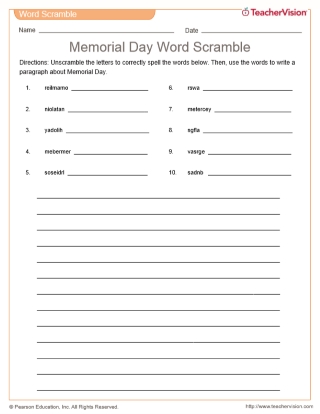 Memorial Day Word Scramble for Grades 2-5